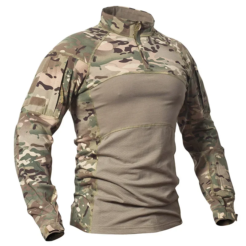 Men's Camouflage Hunting Combat T Shirt Stretch Cotton 1/4 Zipper Uniform Shirts Long Sleeve Camo Shirt