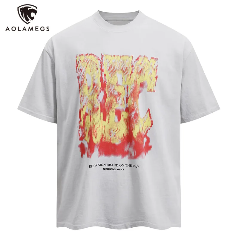 

Aolamegs Men T Shirts Burning Letters Print T Shirt Vintage Casual Loose Short Sleeve Tees Y2k Harajuku High Street Cotton Tops