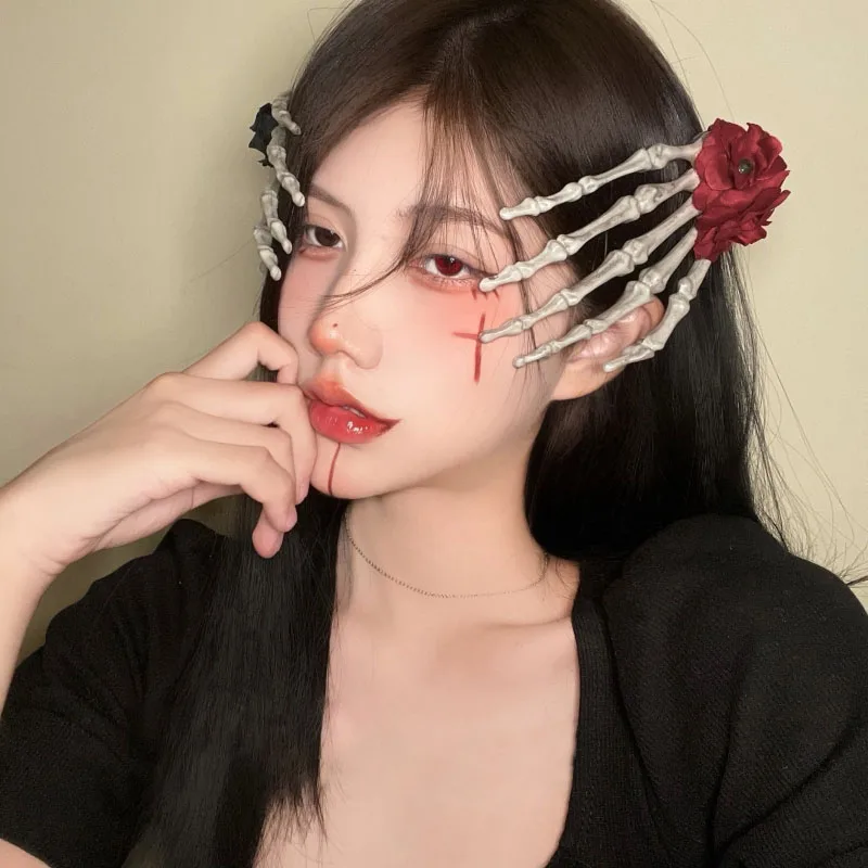 Retro Punk Gothic Lolita Skull Hairpins Rose กิ๊ฟหนีบผมสำหรับผู้หญิงฮาโลวีน Headdress ตกแต่งที่ตกแต่งผมสำหรับเด็กผู้หญิงเครื่องประดับผม