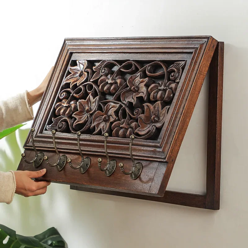 Traditional Chinese Solid Wood Electric Meter Box Painting Elegant Bedroom Wall Decor with Clothing Hook Home Art Piece