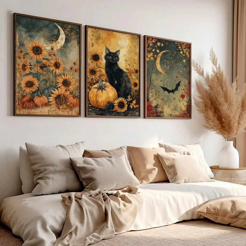 Lot de 3 affiches murales sur toile, thème automne : Chat noir, Citrouille, Tournesol et Lune, style rétro, décorations pour Thanksgiving et Halloween