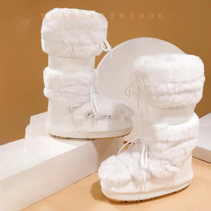 Ski boots new 2026 winter long warm thick bottom white faux fur boots waterproof and anti slip high tube snow boots for women view 5