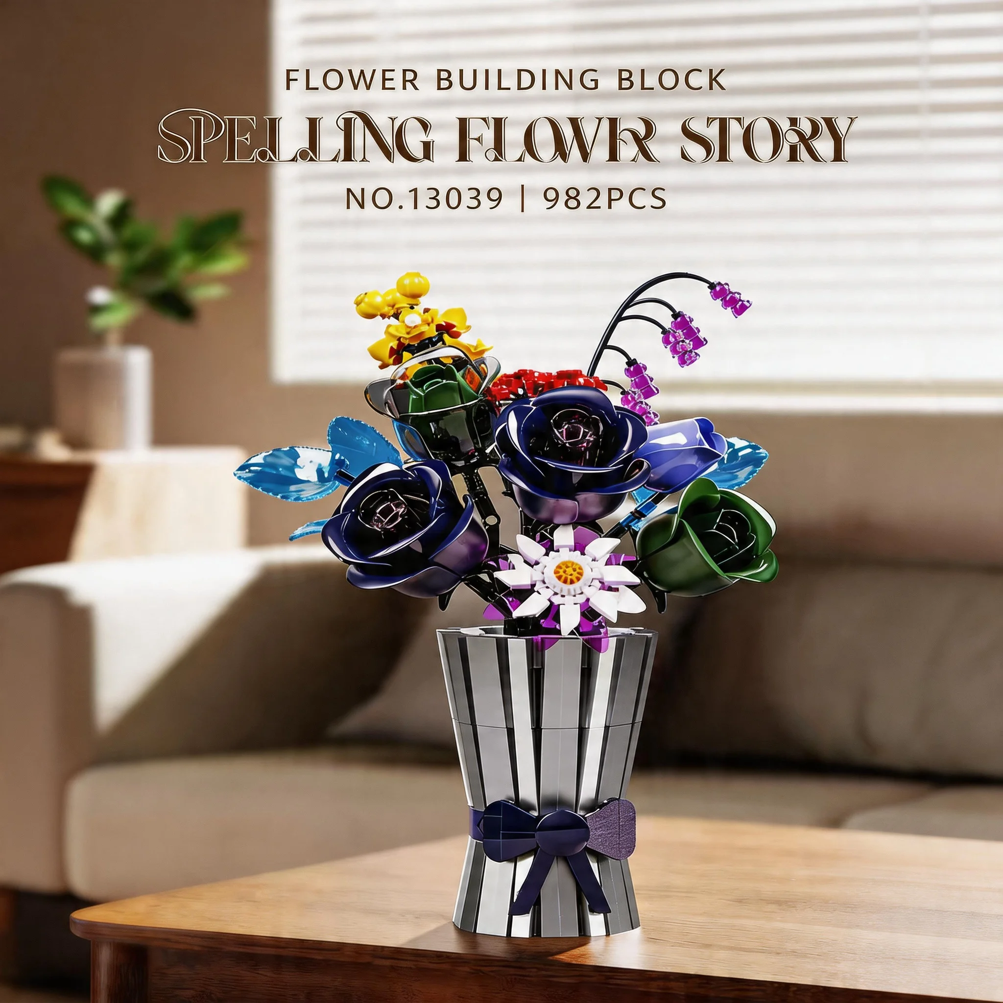 

982Pcs Dark Color Flower Bouquet Building Blocks DIY Eternal Floral Vase Set Home Desktop Decor Creative Gift With Box