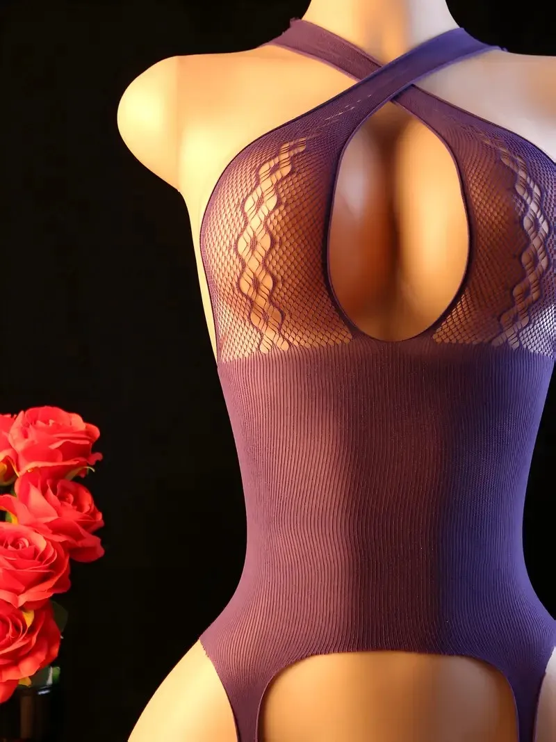 2026 new sexy hollow out one-piece mesh dress for women fishing net purple suspender socks pantyhose pure desire lingerie view 5