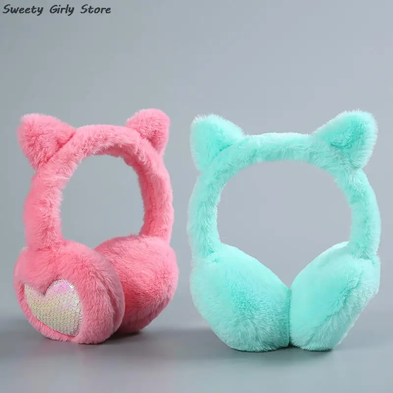 Sequins Plush Headphones Girls Winter Warm Earmuffs Lovely Cat Ear Earflaps Fashion Ear Cover Caps Soft Plush Earphone Headwear