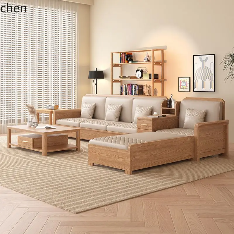 HXL Solid Wood Sofa Set Dual-use Simple Living Room Storage Natural Wood Color Furniture