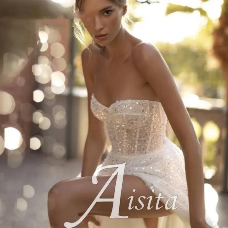 A-line Sequin Wedding Dresses Sexy High Slit Bridal Detachable Sleeve Gorgeous Bridal Gowns Glitter Wedding Dresses