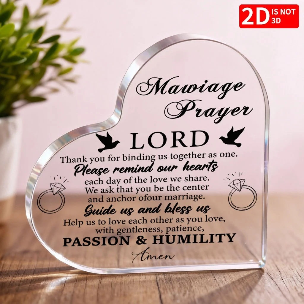 Placa acrílica con forma de corazón para oraciones de matrimonio, con motivo de paloma, para anillos de boda, decoración de escritorio, símbolo de fe cristiana, soporte acrílico con forma de corazón para oraciones de matrimonio, regalo religioso y emotivo para recordar el matrimonio.