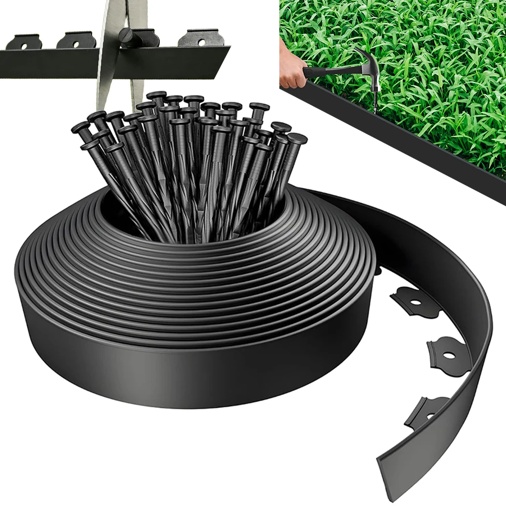 10M Flexible Plastic Garden Edging, 5mm Heavy‑duty Lawn Border For Pathways Flower Beds, With 30 Fixing Pegs
