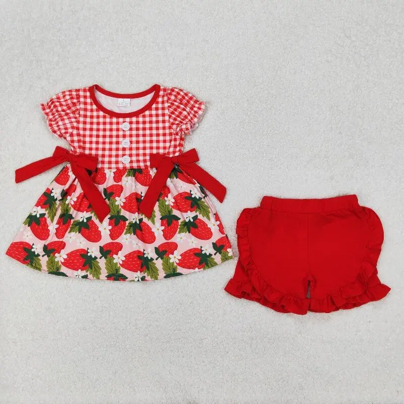 X11.25 GSSO1648  Wholesale Strawberry Flower  Leaf Red Plaid Short-sleeved Shorts Set New Summer Girls'