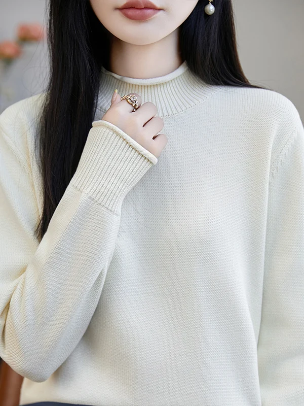 Minimalist Thickened Pure Cotton Knitted Sweater Women's Autumn Winter Half High Collar Bottoming Shirt Warm Cuff Design