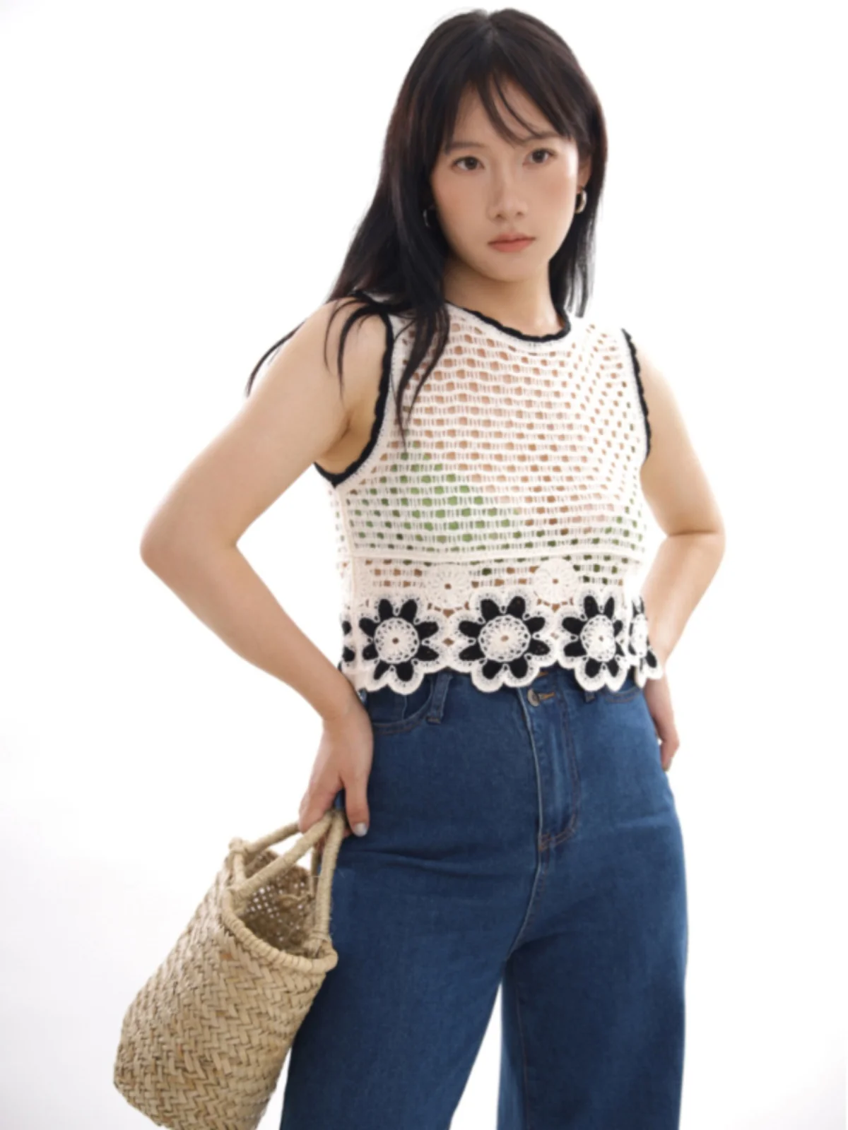 

Retro Hook Knit Vest round Ne Svel Bla And Beige adient Lace Trim Flower Pattern Design Commute Sle ort Length