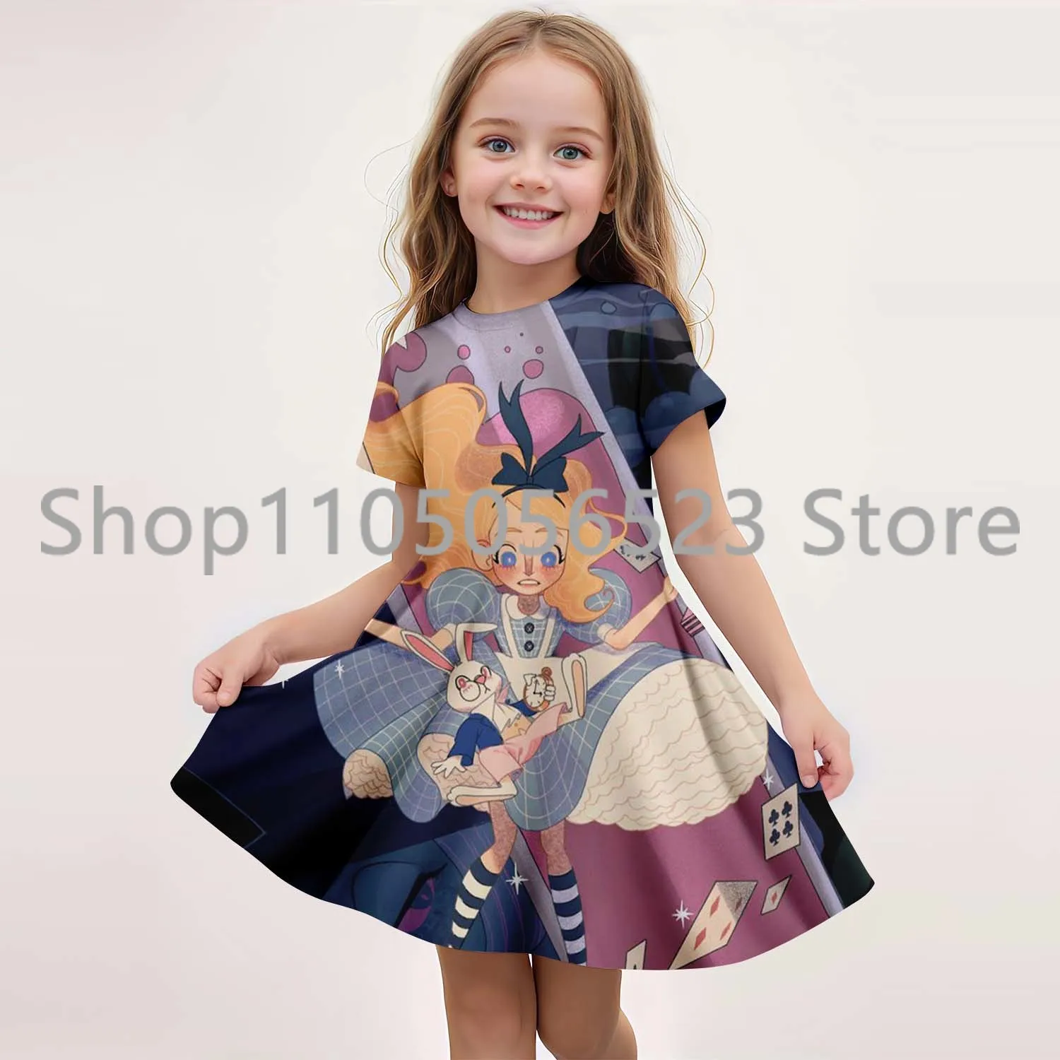 

MINISO New Summer Girls Dress Fashion Cartoon Cute Alice in Winderland 3D Printing Dress Kid Short Sleeve Princess Clothing