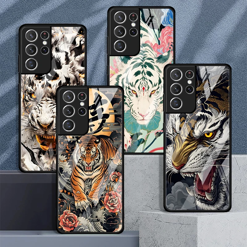 Case for Samsung Galaxy S26 S8 Note 8 9 10 20 S9 S24 S24 Ultra S10 S21 S20 FE S22 S23 Plus Glass Phone Cover Cool Tiger