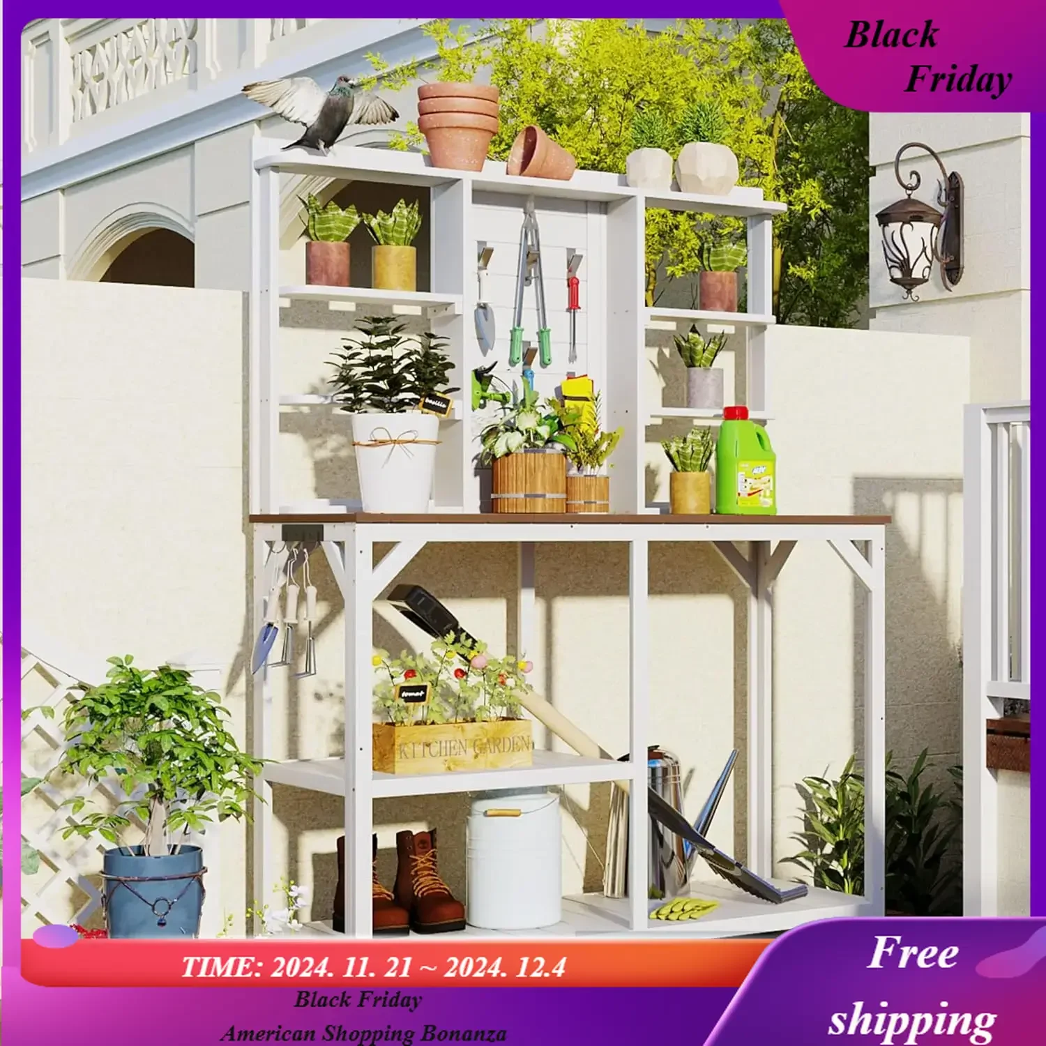 

64.6" Large Outdoor Potting Bench, Garden Potting Table, Wood Patio Workstation with 6-Tier Shelves,