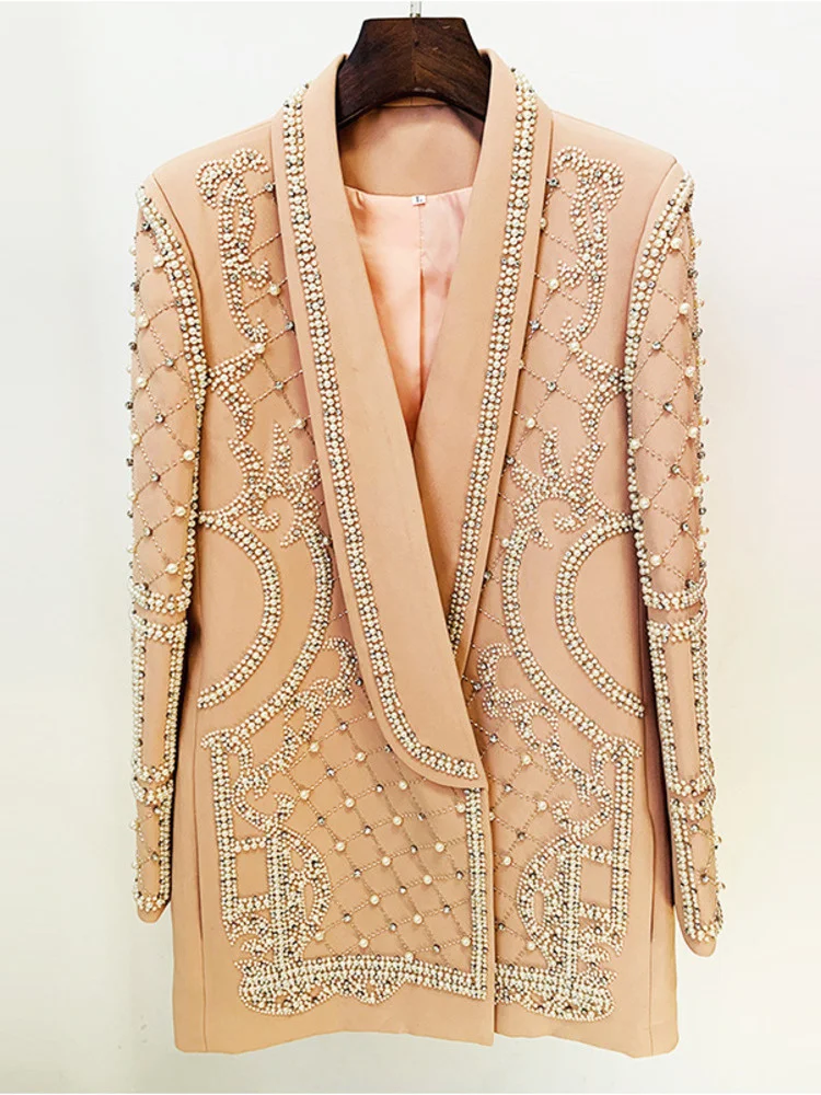 DEAT Fashion Women's Blazer Shawl Collar Hidden Breasted Handmade Pearl Beaded Long Sleeve Suit Jackets Autumn 2024 New 17A4050H