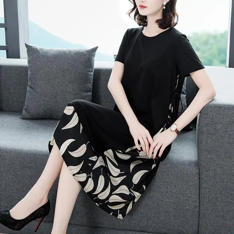 Commute Printed Patchwork Dresses Short Sleeve 2024 Summer Loose Fashion Drawstring Female Clothing Casual Round Neck Midi Dress