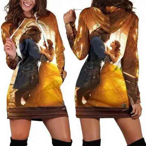 Vestido de Sudadera con capucha 3D de La Bella y La Bestia para mujer, vestido de moda de Disney, Sudadera con capucha Retro con estampado 3d en