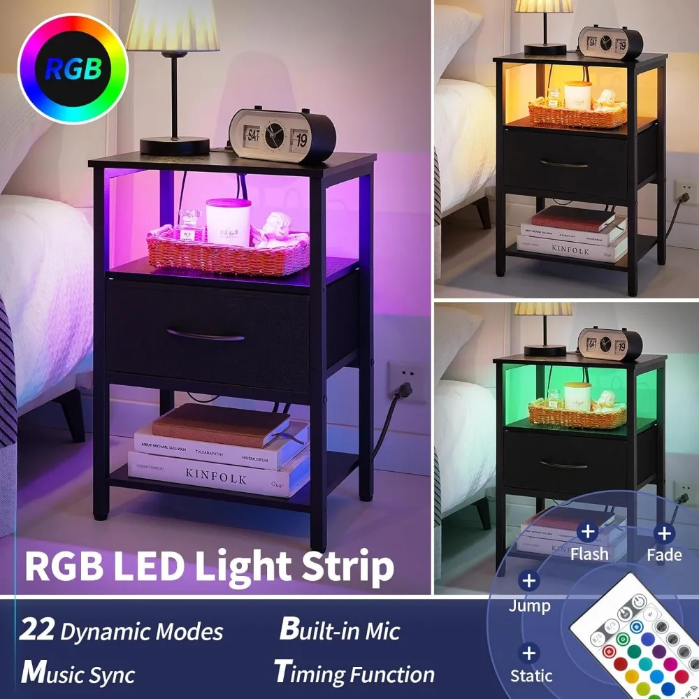 طاولة جانبية مع مساحة تخزين، حامل ليلي LED مع قاعدة شحن، طاولات نهائية لغرفة المعيشة، منضدة لغرفة النوم مع Adju