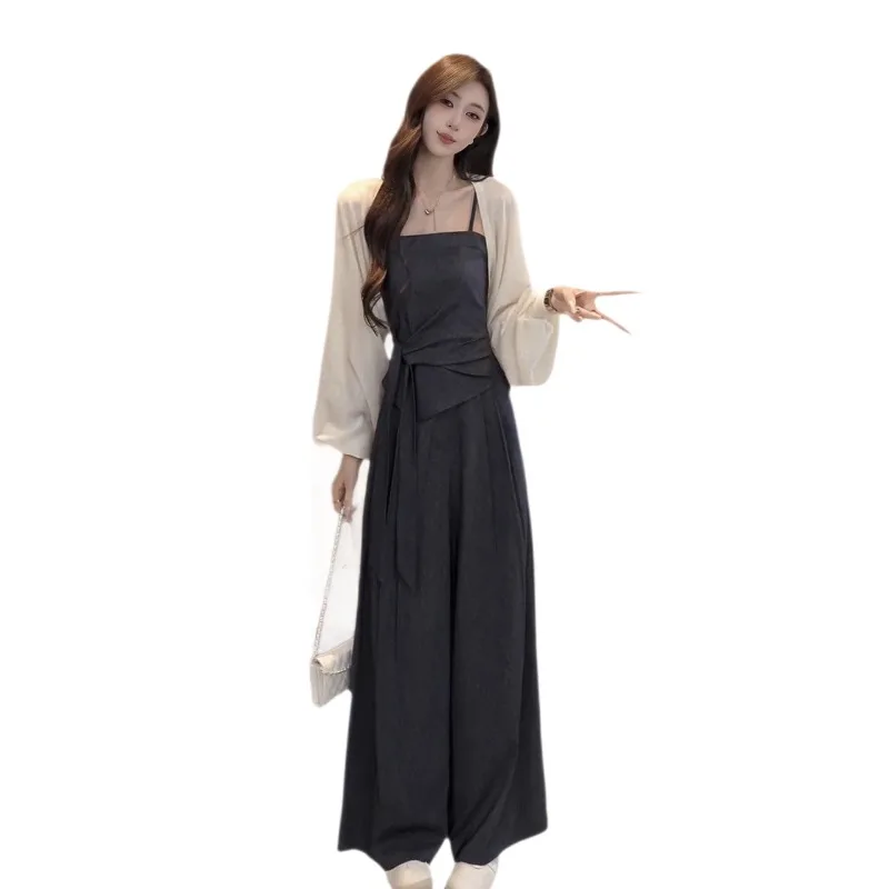 Korean Temperament Suspender Jumpsuit Women's  New Long-sleeved Cardigan Suspender Three-piece Set Slim Wide-leg Pants Fashion