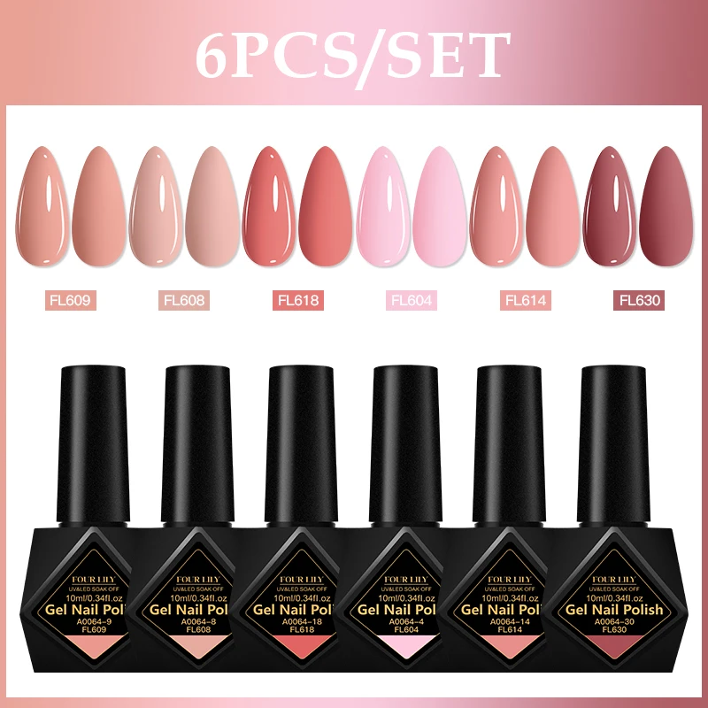 สี่ LILY 10ml 6 ชิ้นเจลเล็บชุดสําหรับเล็บสีชมพู Nude Macaron นีออนที่มีสีสันเล็บเจลเคลือบเงาชุดเล็บเล็บ Supply
