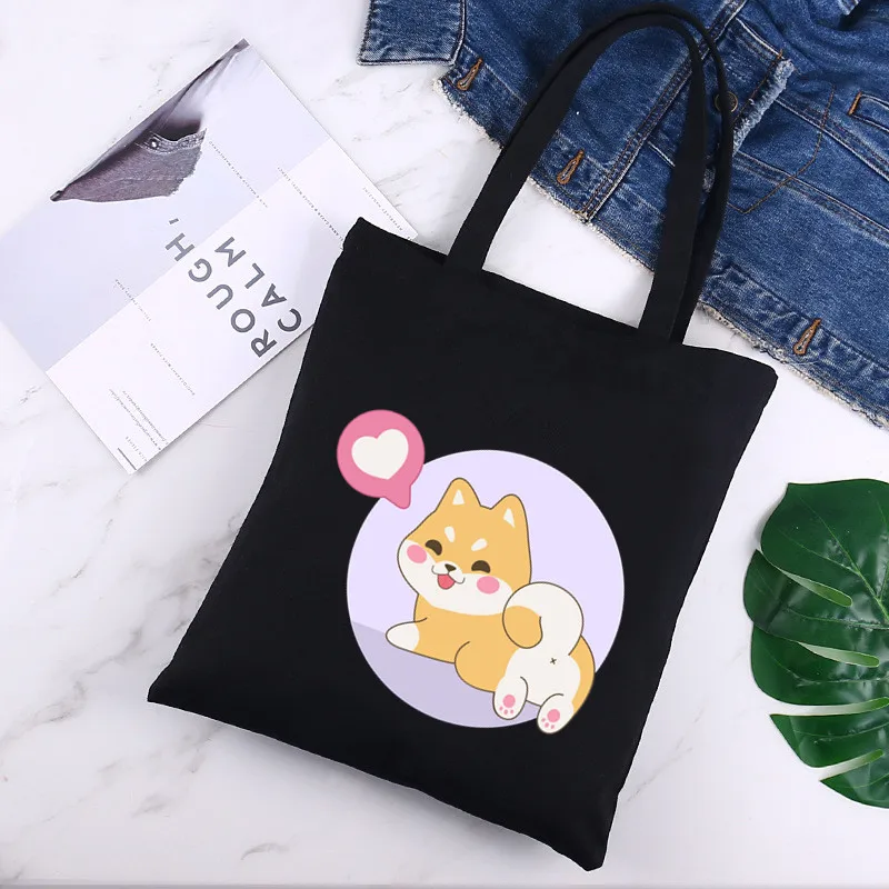 Shiba Inu Shopping Black Bags Canvas Tote Bag Mom Reusable Cloth  Harajuku Bag Handbag Shoulder Bag