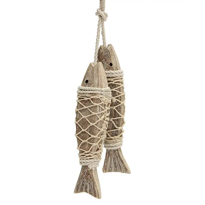 2 Pieces Vintage Mediterranean Style Wooden Fish Hand-carved Hanging Wooden Decoration Home Hanging Nautical Decoration Gifts