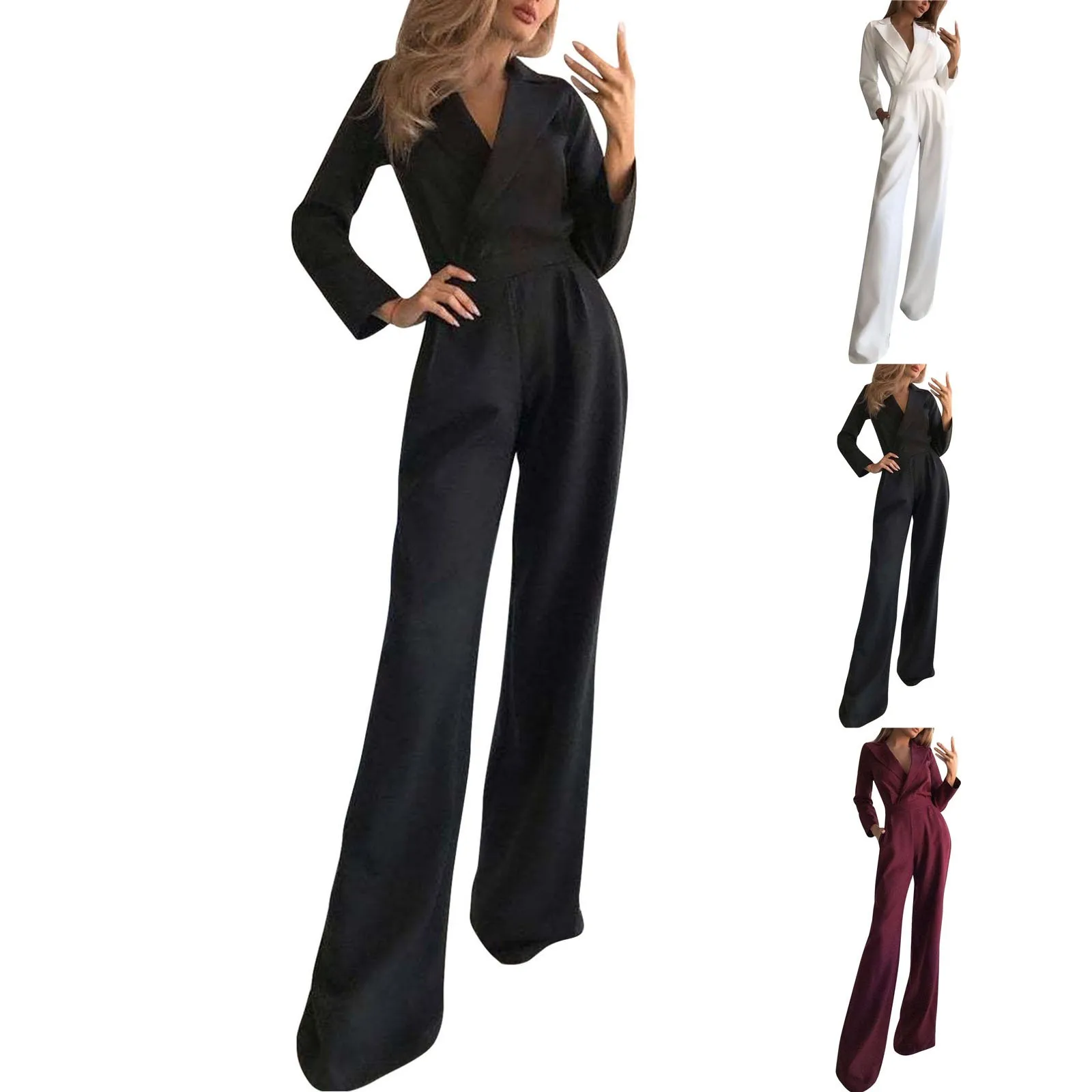 Women's Solid Long Sleeve Lapel 2024 Jumpsuit Side Zip Pockets Autumn Jumpsuit Elegant Solid Color Trousers Fashion maxie dress