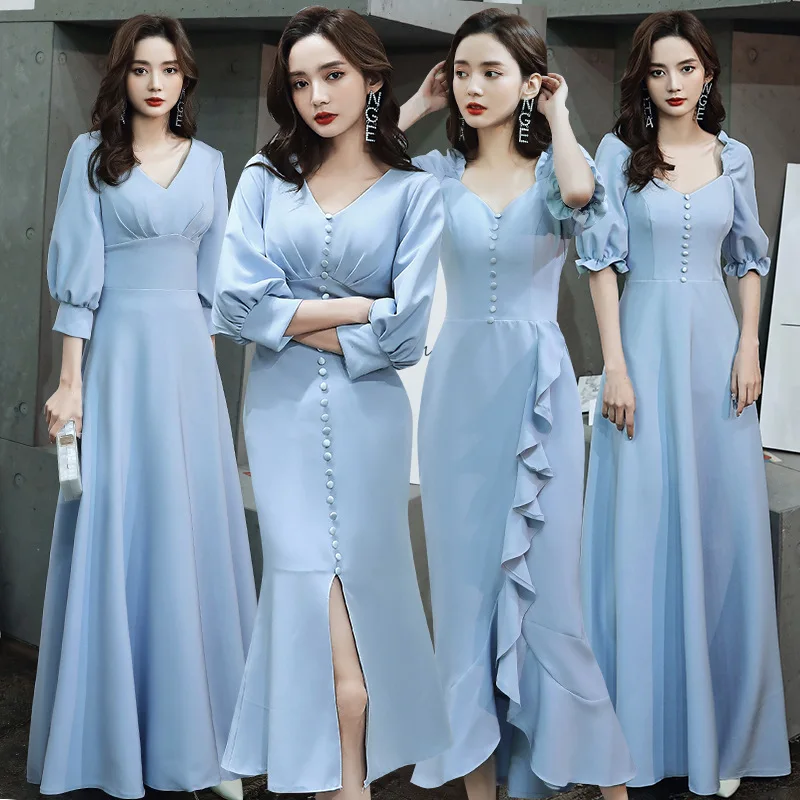 Blue Satin Bridesmaid Dresses Women's Spring Autumn Group Sisters Dress Graduation Simple Magnificent Girl Evening Dresses