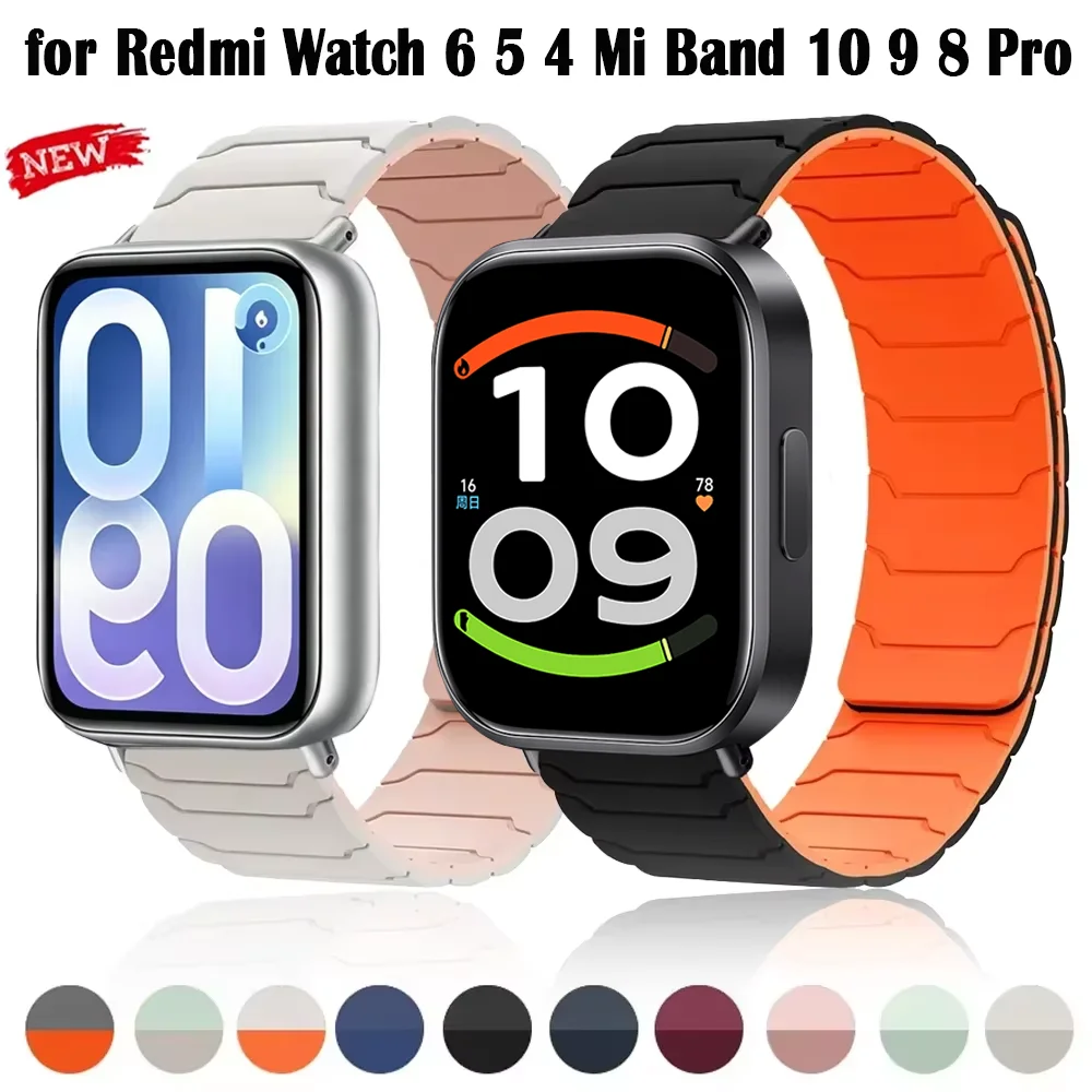 Magnetisches Silikonarmband für Redmi Watch 6 Active, 6 Lite, 6, 5, 4, Sportarmband, Mi Band 10 Pro, 8, 9 Pro, atmungsaktives Handgelenksband.