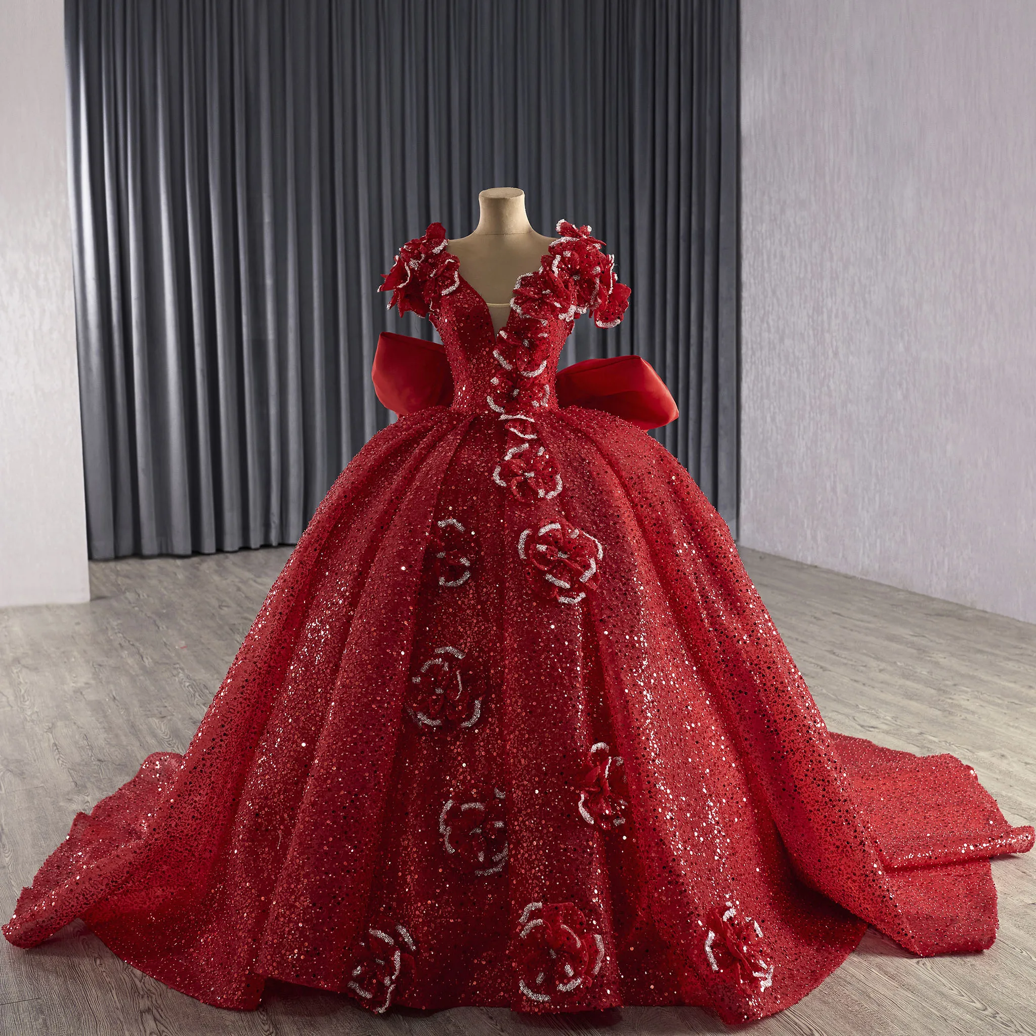 

Rosymae Красное сказочное платье принцессы с блестящим платьем Quinceanera с длинным бантом Роскошное кружевное тюлевое платье из органзы с 3D цветочной аппликацией