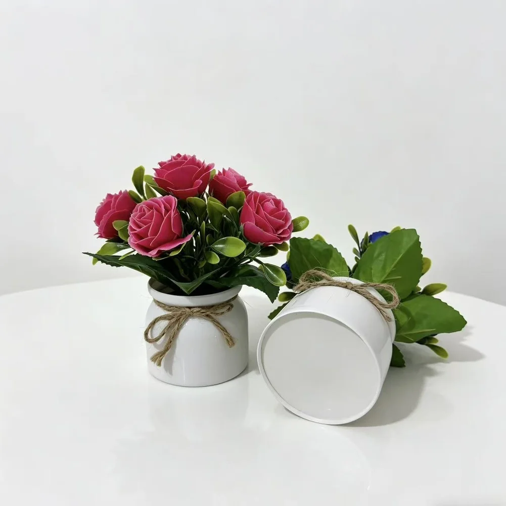 

Artificial Roses In Rope Pot Fake Silk Flowers For Wedding Home Decor Tabletop Centerpiece Photography Props Party Decoration