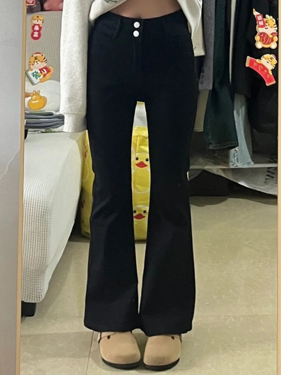 

Джинсы с высокой талией и расклешенным низом для женщин, прямые джинсы для фигуры «груша», больших размеров, стройнящие, длинные, из хлопкового стрейч-денима