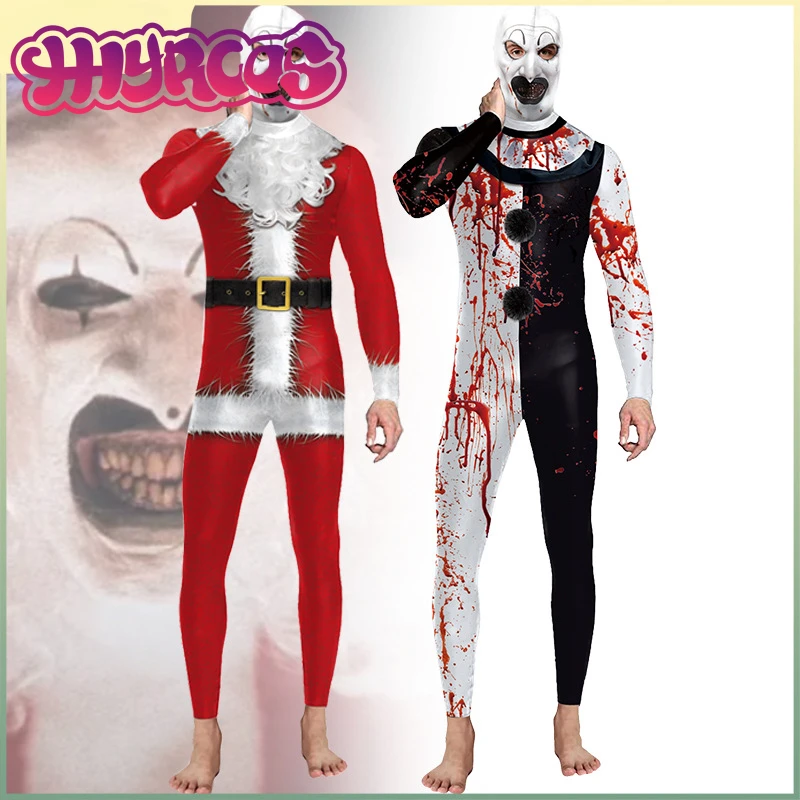 Halloween Clown Santa Claus Cosplay Costume Moive Scary Terrifierss 3  Bloody Print Jumpsuits Party Stage Performance Bodysuits