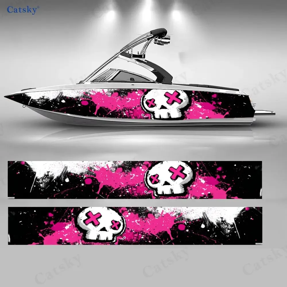 2Pcs Pink Wave Skull Shadow Boat Stickers, PVC Waterproof Durable Vinyl Wrap Decals for Fishing Boat, Durable and Stylish Design