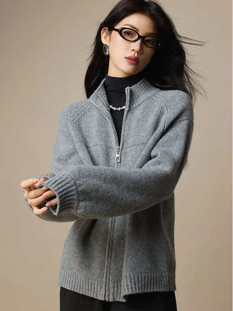 Birdtree, 100% schapenwollen vest, dames gebreide opstaande kraag tops, rits body fit trui, 2025 herfst winterjas, grijs T5N207JF