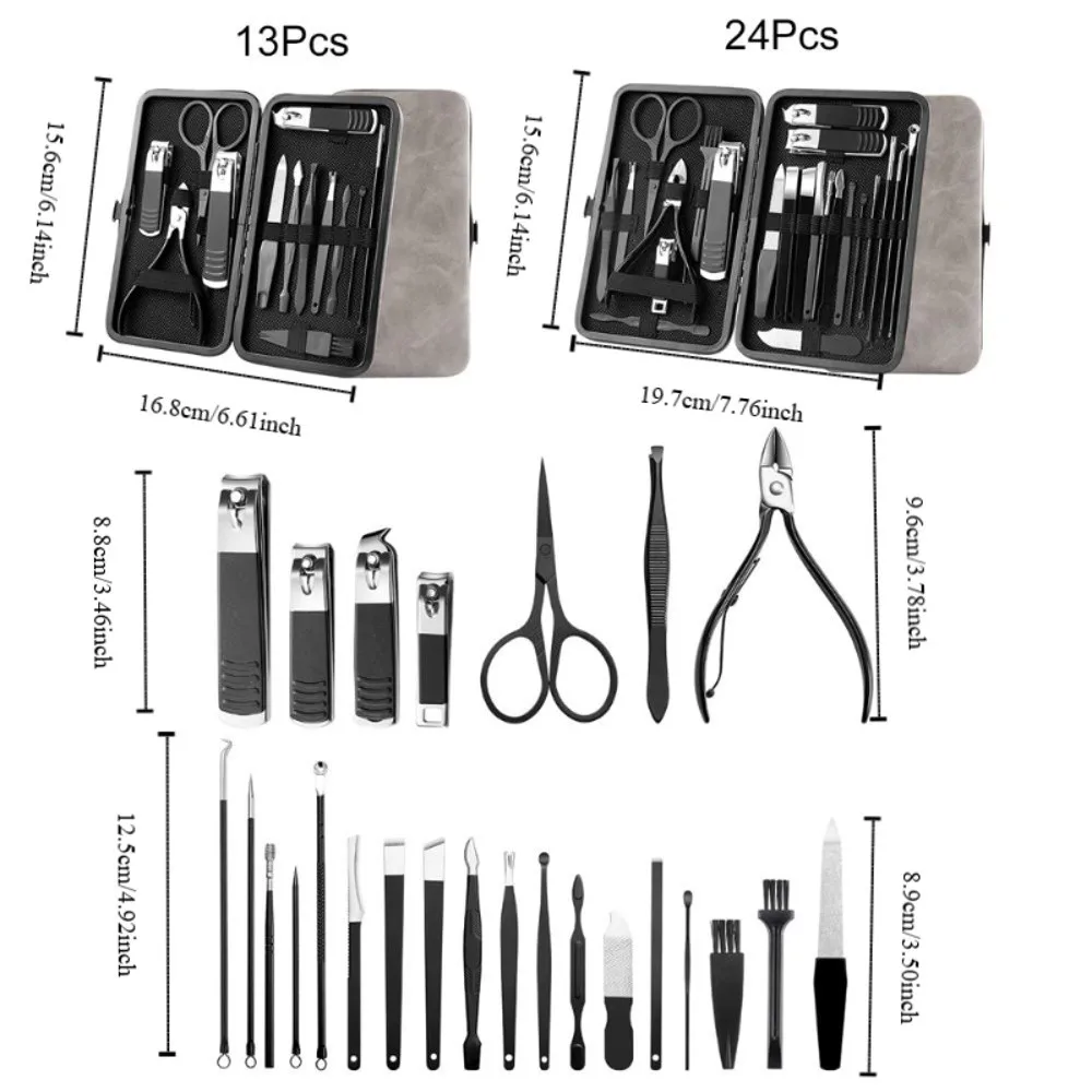 13/24 Stück Anti-Rutsch-Design Edelstahl Nagelknipser Set Scharf mit PU-Gehäuse Maniküre-Set Schwarz Pediküre-Werkzeugset Erwachsene