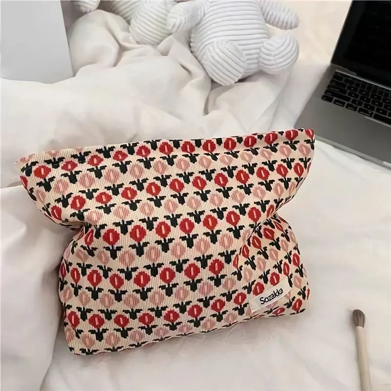 Phone Lipstsic Coin Torage Case Bag Corduroy Retro Makeup Hand Bags for Girl Gift Cosmetic Bag Female Portable Flower Wash Bag