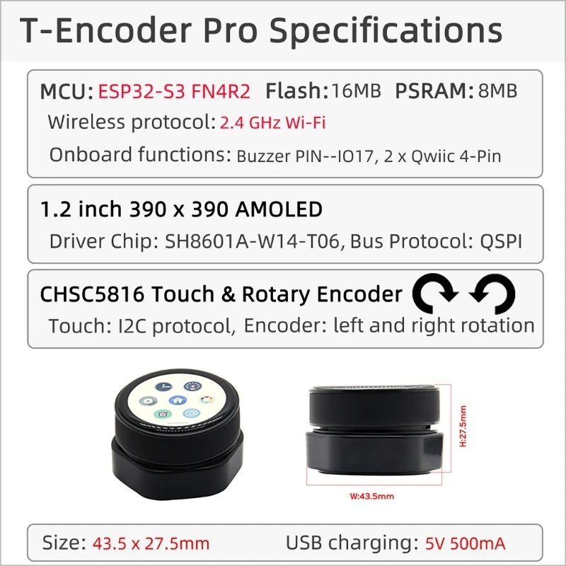 

1,2-дюймовый экран ESP32, плата разработки беспроводного модуля с вращающимся кодированием и беспроводной модуль памяти 16 МБ