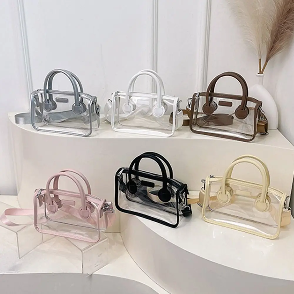 

Durable Adjustable Strap Transparent Shoulder Bag Large-Capacity Waterproof Women Handbag Clear Zipper Small Square Bag Girls