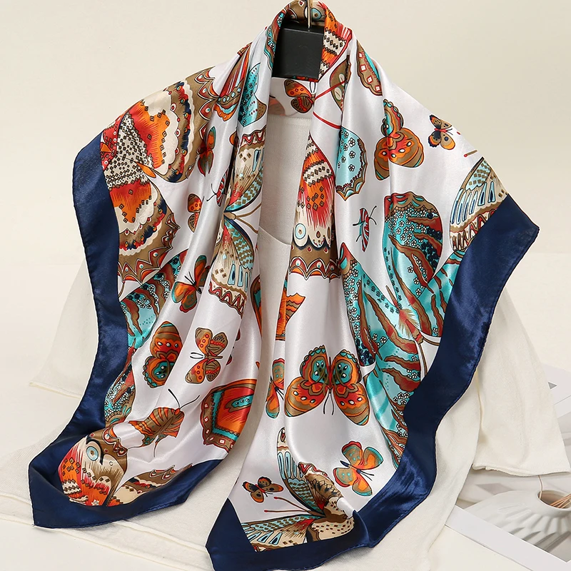 90*90 Butterfly Printed Square Scarf Silk Satin Shawls Muslim Hijab Ladies Elegant Wraps Islamic Turban Headband