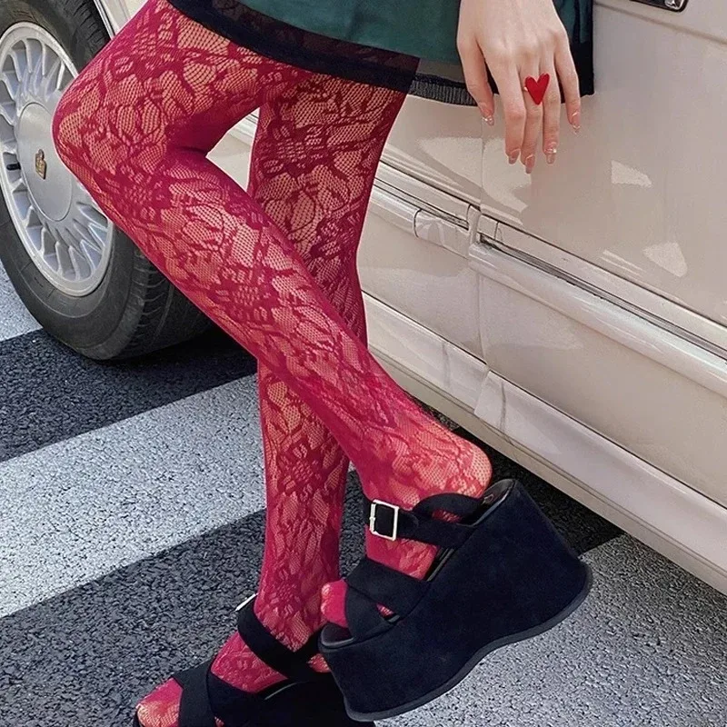 Women Lolita Lace Fishnet Stockings Sexy Red Black Nightclub Striped Pattern Stockings Pantyhose Fantasy Fancy Hollow Tights
