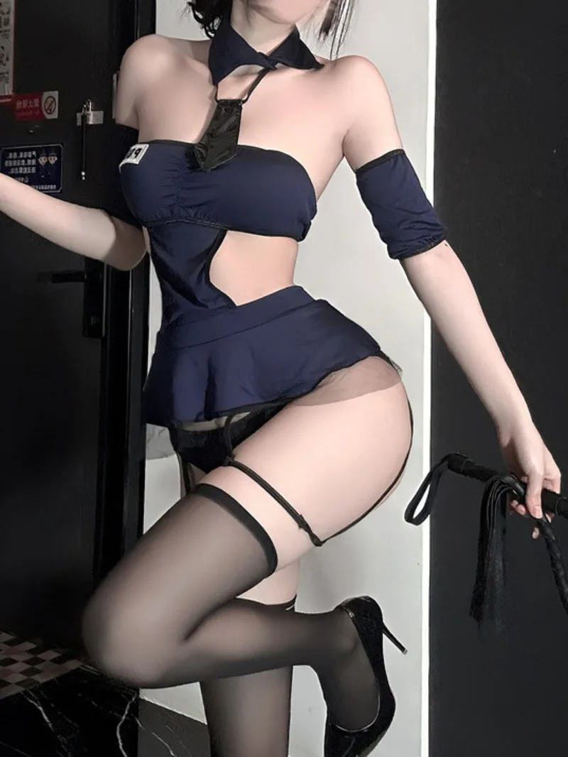 

Sexy Secretary SM Flight Attendant Uniform Pure Desire Cosplay Female Policewoman Suit Collar Tie Charming Wrap Chest Dress M9NM