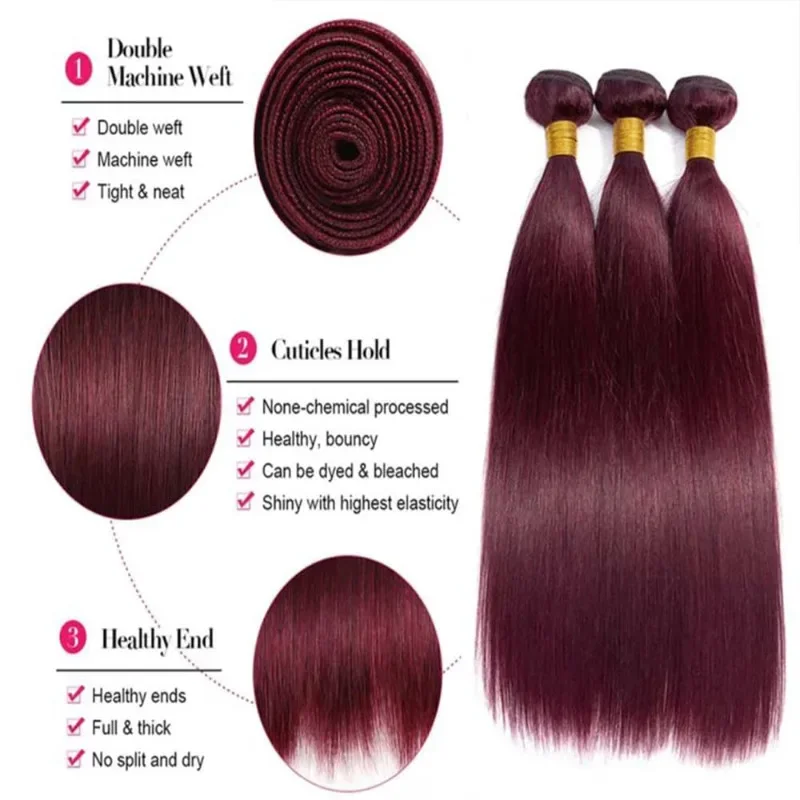 99J Burgundy Straight Human Hair Bundles 12-26 Inch Unprocessed Brazilian Virgin  Weave Hair Extension for Black Women 100G/PC