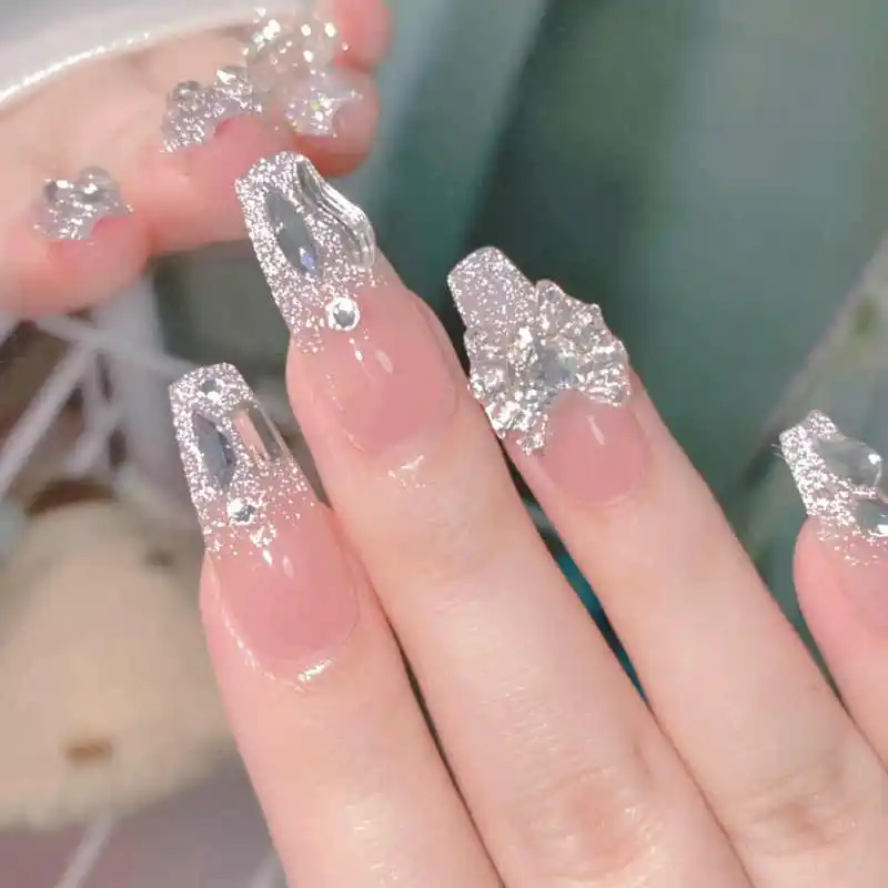 10개입 3D 반짝이 리본 하트 모양 라인스톤 네일 참 장식 라인스톤이 박힌 글리터 리본 네일 장식 발렌타인 용품