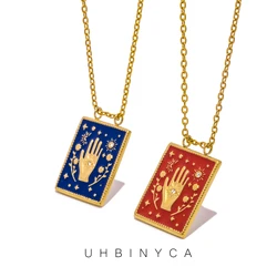 Vintage Hand of Fatima Square Pendant Stainless Steel Necklace for Women 18K Gold Plated Enamel Neckalces Fashion Jewelry
