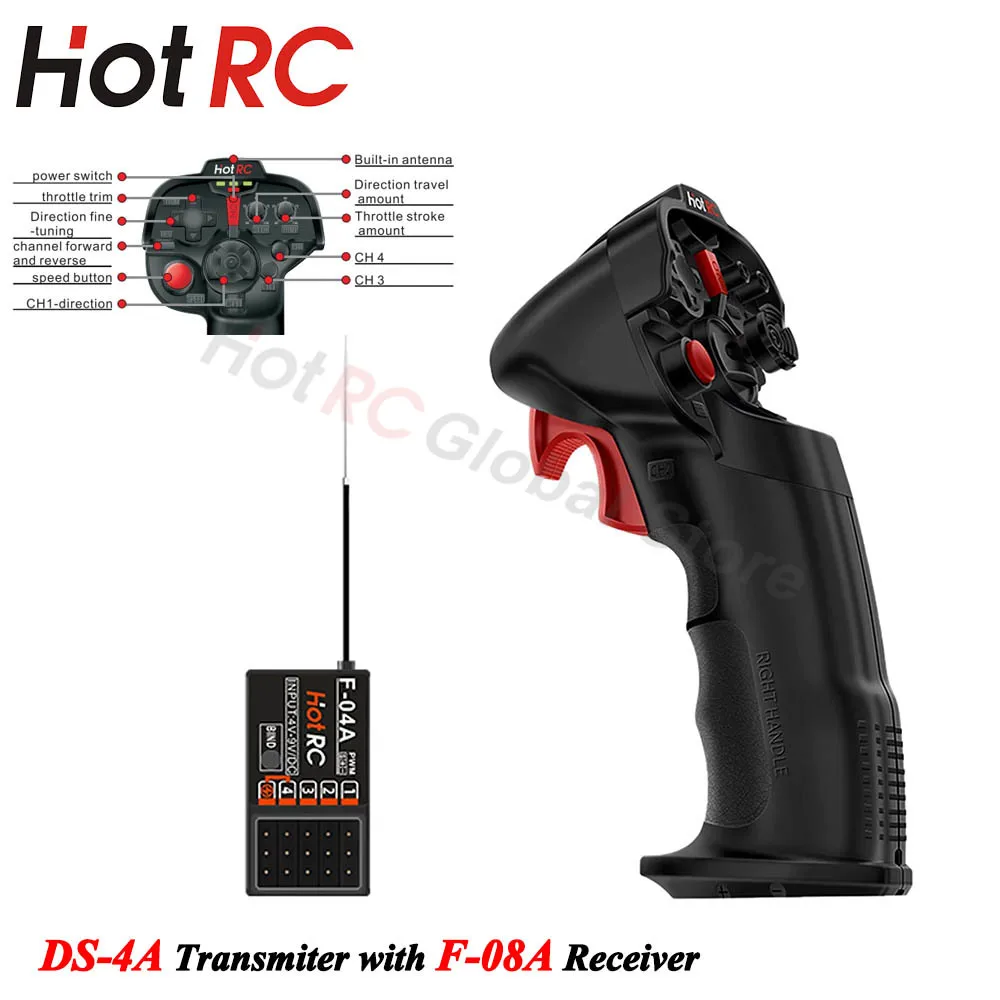 HOTRC DS-4A 2.4Ghz 4 Channel Single Hand RC Radio Transmitter and F-04A 4CH Receiver for RC Car Boat Robot Tank Airplane Toys