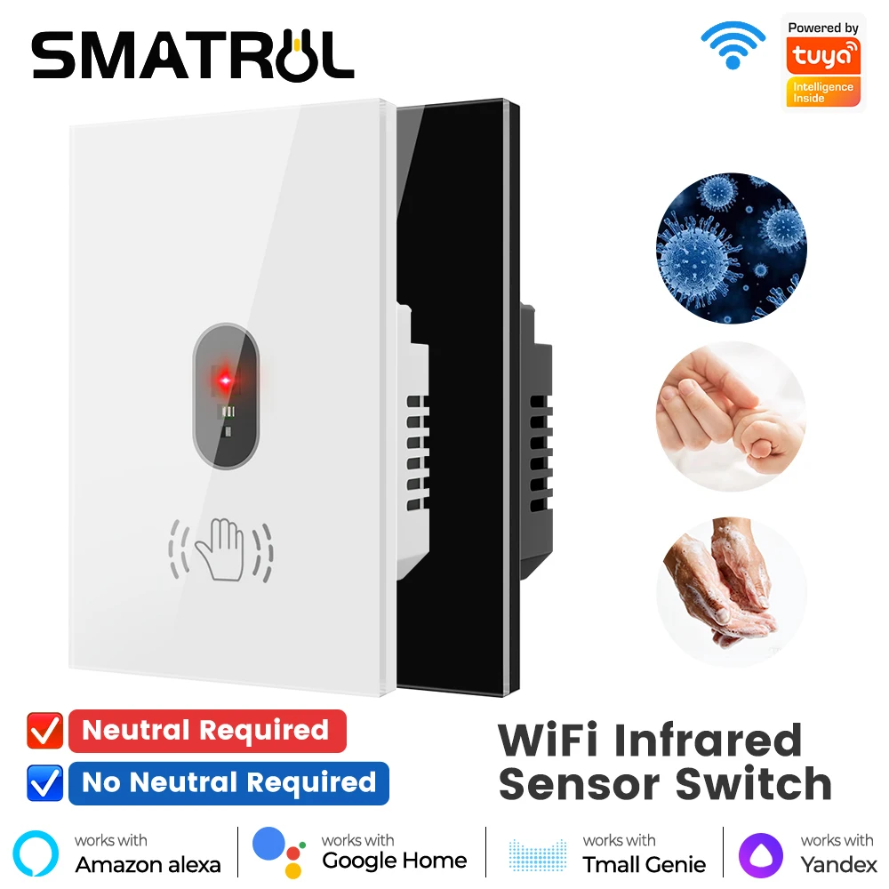 SMATRUL Tuya US  WiFi Hand Wave Switch Smart Light Wall Switch IR Sensor Single Live Neutral Wire Support Alexa