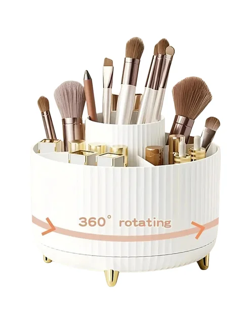 360° Rotating Makeup Organizer - 1pc Plastic Cosmetic Storage with 5 Compartments - Multi-Functional Holder for Brushes 2
