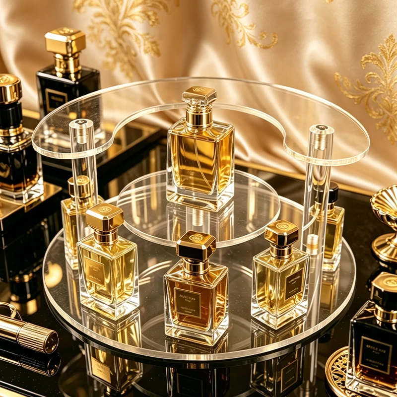 Double-Layer Curved Transparent Acrylic Perfume Display Stand, Semi-Circular Tiered Cosmetic Organizer, Curved Double-Layer Acrylic Perfume Tiered Stand, Transparent Semi-Circular Cosmetic Desktop Display and Storage Rack, Semi-Circular Curved Acrylic Double-Layer Organizer, Perfume and Makeup Tiered Display Stand, Dressing Table Skincare Product Luxury Display Stand